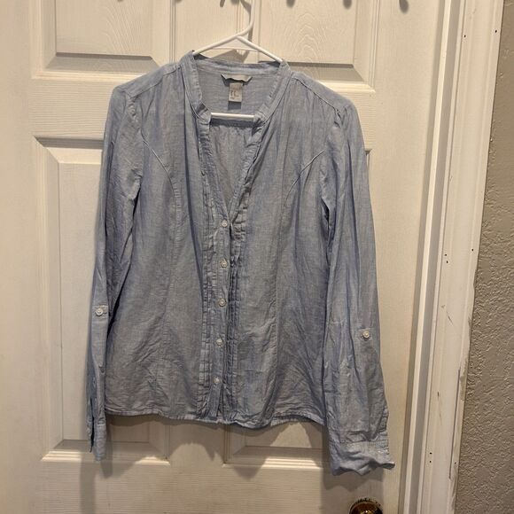 H&M Blue Striped Linen Rayon Button Up Top Blouse Women’s Sz 10 Beachy‎ Summer - Picture 1 of 8